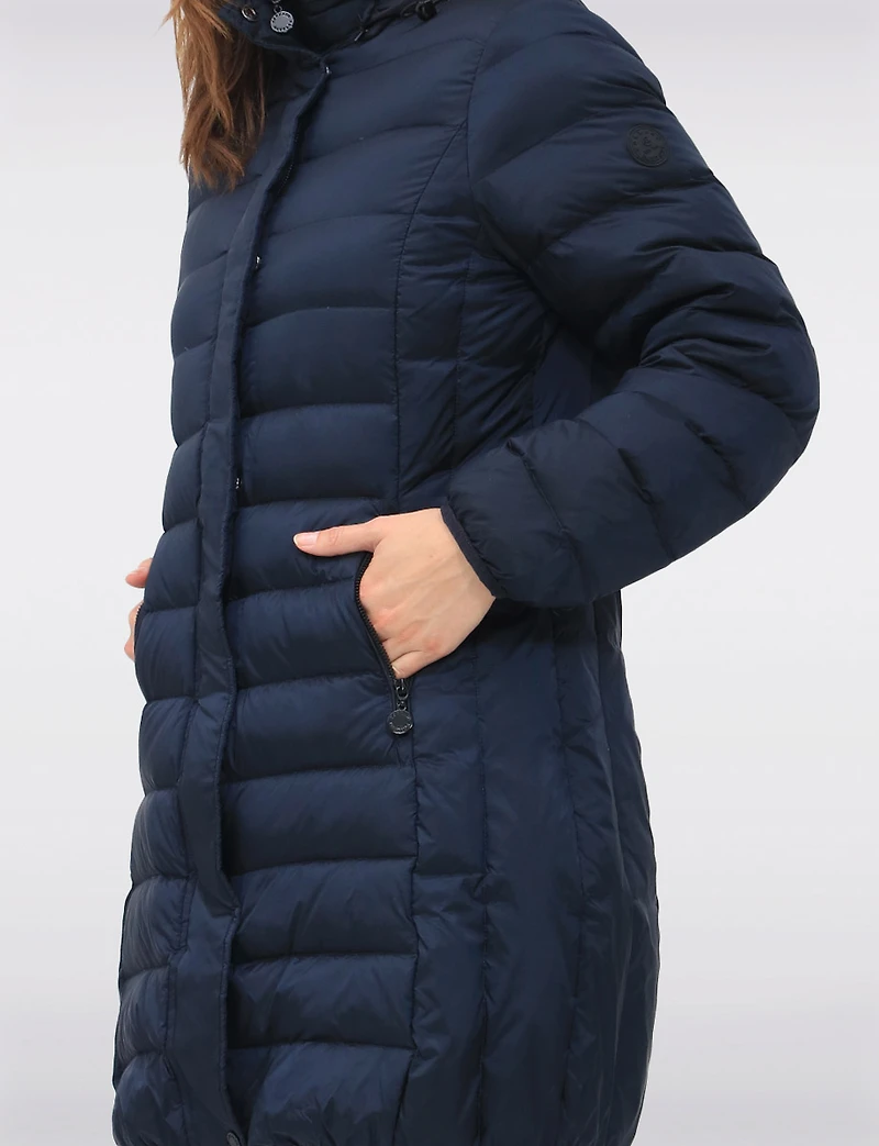 Lightweight Mid-Length Metallic Hooded Down Quilted Puffer Jacket by Normann