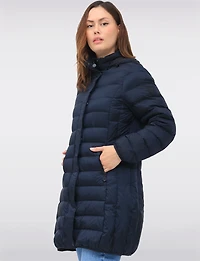 Lightweight Mid-Length Metallic Hooded Eco-Down Quilted Puffer Jacket by Normann