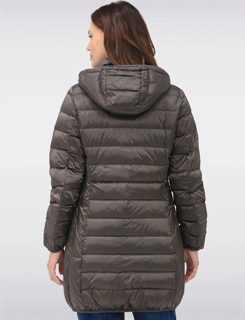Lightweight Mid-Length Metallic Hooded Down Quilted Puffer Jacket by Normann