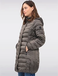 Lightweight Mid-Length Metallic Hooded Eco-Down Quilted Puffer Jacket by Normann