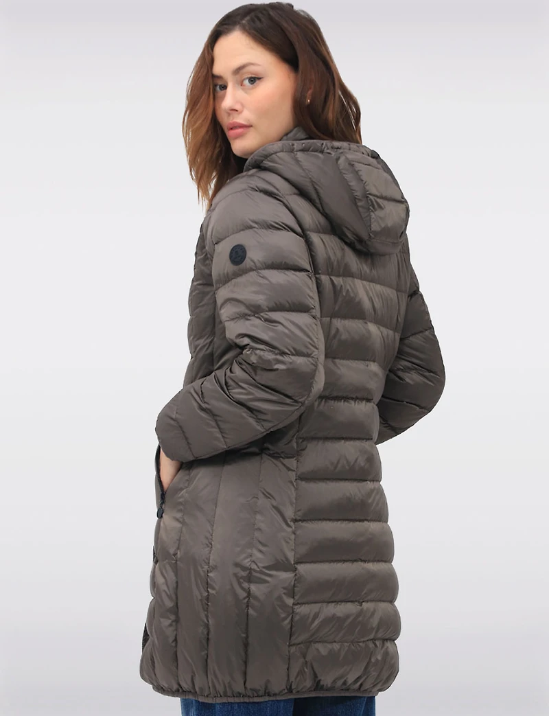 Lightweight Mid-Length Metallic Hooded Eco-Down Quilted Puffer Jacket by Normann
