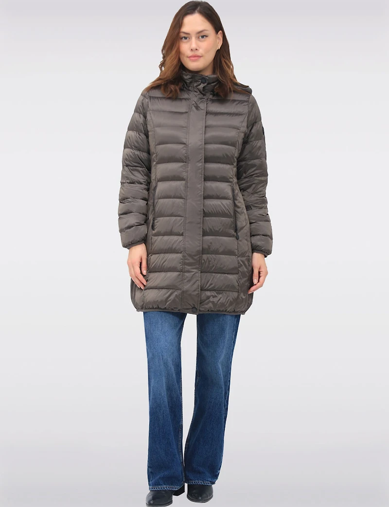 Lightweight Mid-Length Metallic Hooded Down Quilted Puffer Jacket by Normann