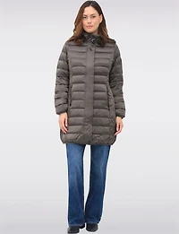 Lightweight Mid-Length Metallic Hooded Eco-Down Quilted Puffer Jacket by Normann