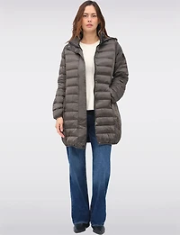 Lightweight Mid-Length Metallic Hooded Eco-Down Quilted Puffer Jacket by Normann