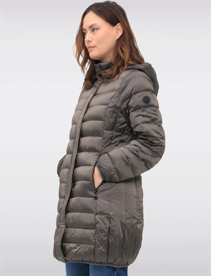 Lightweight Mid-Length Metallic Hooded Eco-Down Quilted Puffer Jacket by Normann