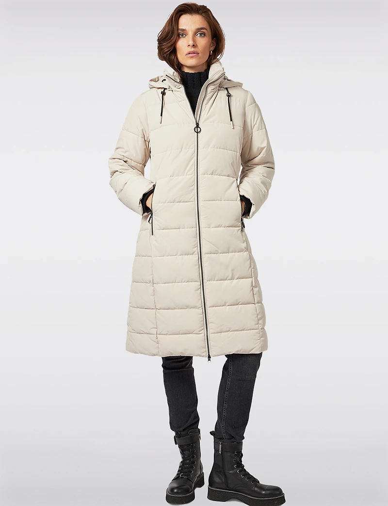 Matte Long Straight Quilted Insulated Jacket with Detachable Hood by Frandsen