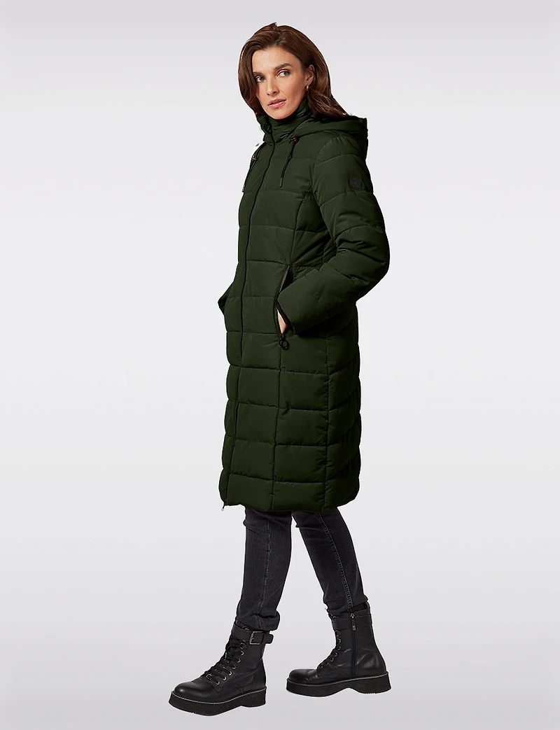 Matte Long Straight Quilted Insulated Jacket with Detachable Hood by Frandsen