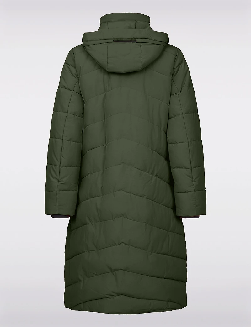 Matte Long Straight Quilted Insulated Jacket with Detachable Hood by Frandsen
