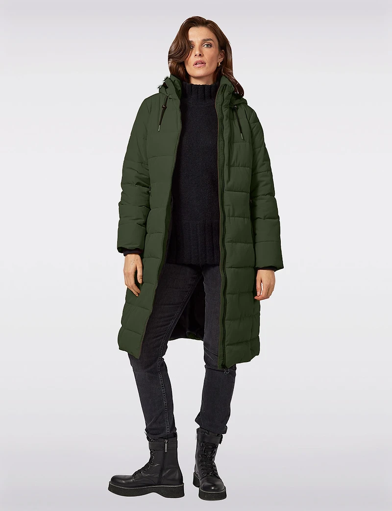 Matte Long Straight Quilted Insulated Jacket with Detachable Hood by Frandsen