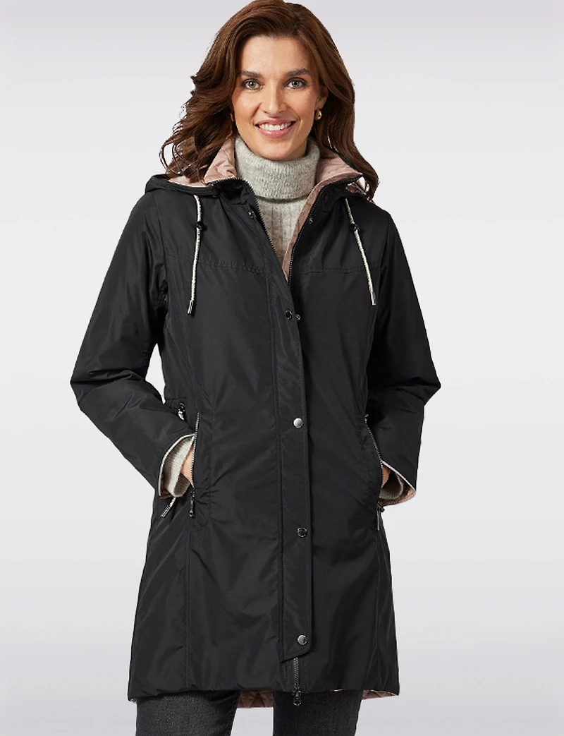 Reversible Smooth & Quilt Hood Rain Resistant Drawstring Waist Coat by Frandsen