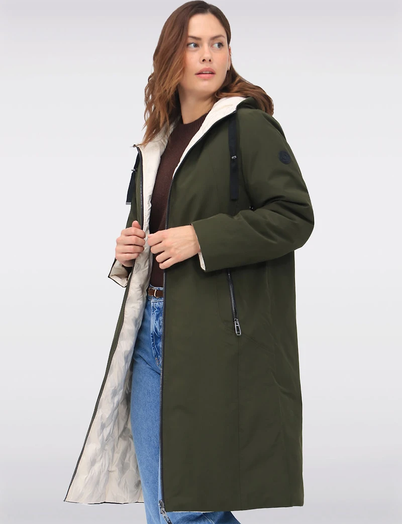 Versatile Reversible Smooth to Quilt Hooded Rain Resistant Coat by Frandsen