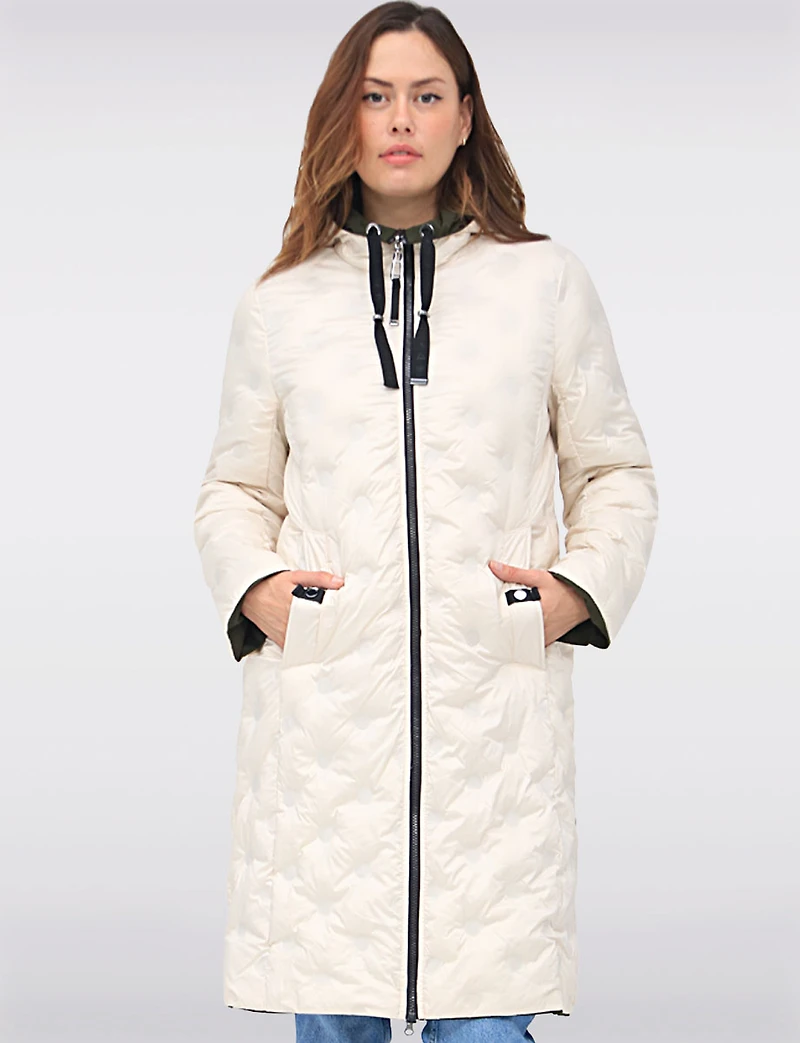 Versatile Reversible Smooth to Quilt Hooded Rain Resistant Coat by Frandsen