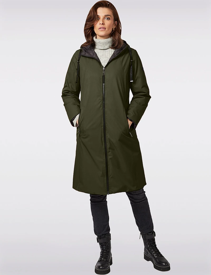 Versatile Reversible Smooth to Quilt Hooded Rain Resistant Coat by Frandsen
