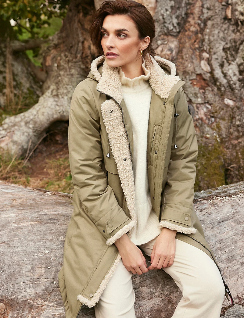 Chic Straight Cut Water Resistant Sherpa Trim Detachable Hood Coat by Frandsen