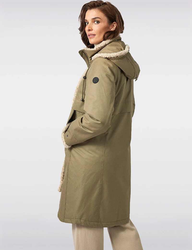 Chic Straight Cut Water Resistant Sherpa Trim Detachable Hood Coat by Frandsen