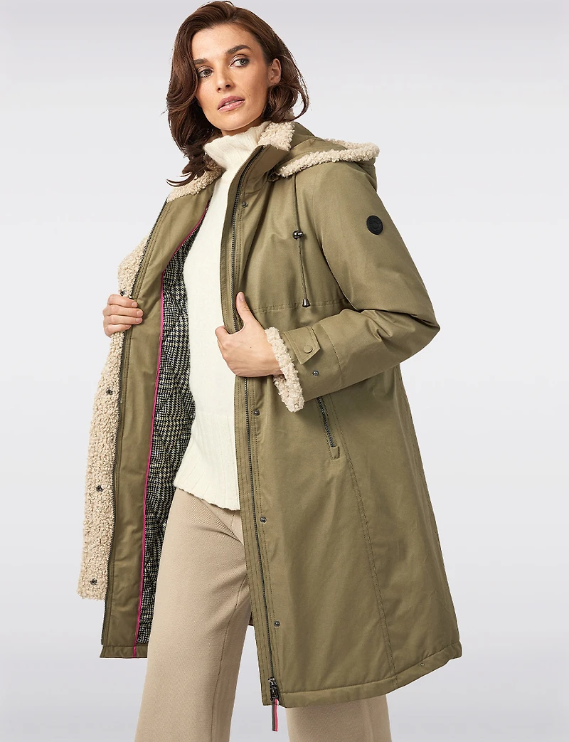Chic Straight Cut Water Resistant Sherpa Trim Detachable Hood Coat by Frandsen
