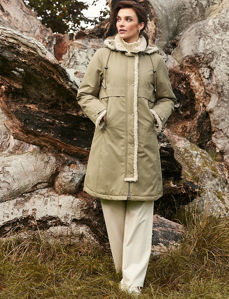 Chic Straight Cut Water Resistant Sherpa Trim Detachable Hood Coat by Frandsen