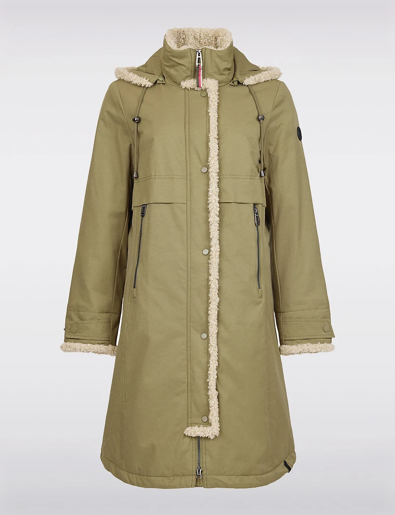 Chic Straight Cut Water Resistant Sherpa Trim Detachable Hood Coat by Frandsen