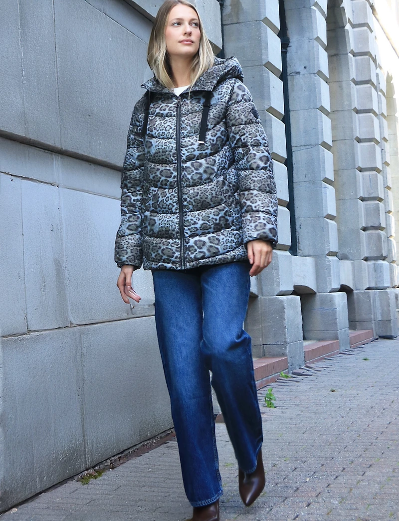 Short Cheetah Print Straight-Cut Puffer Jacket with Integrated Hood by Frandsen
