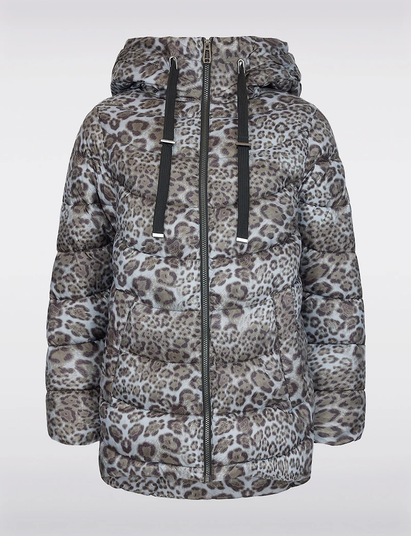 Short Cheetah Print Straight-Cut Puffer Jacket with Integrated Hood by Frandsen