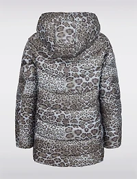 Short Cheetah Print Straight-Cut Puffer Jacket with Integrated Hood by Frandsen