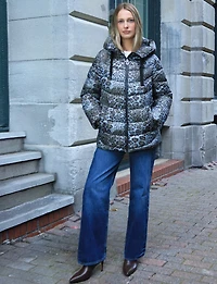 Short Cheetah Print Straight-Cut Puffer Jacket with Integrated Hood by Frandsen