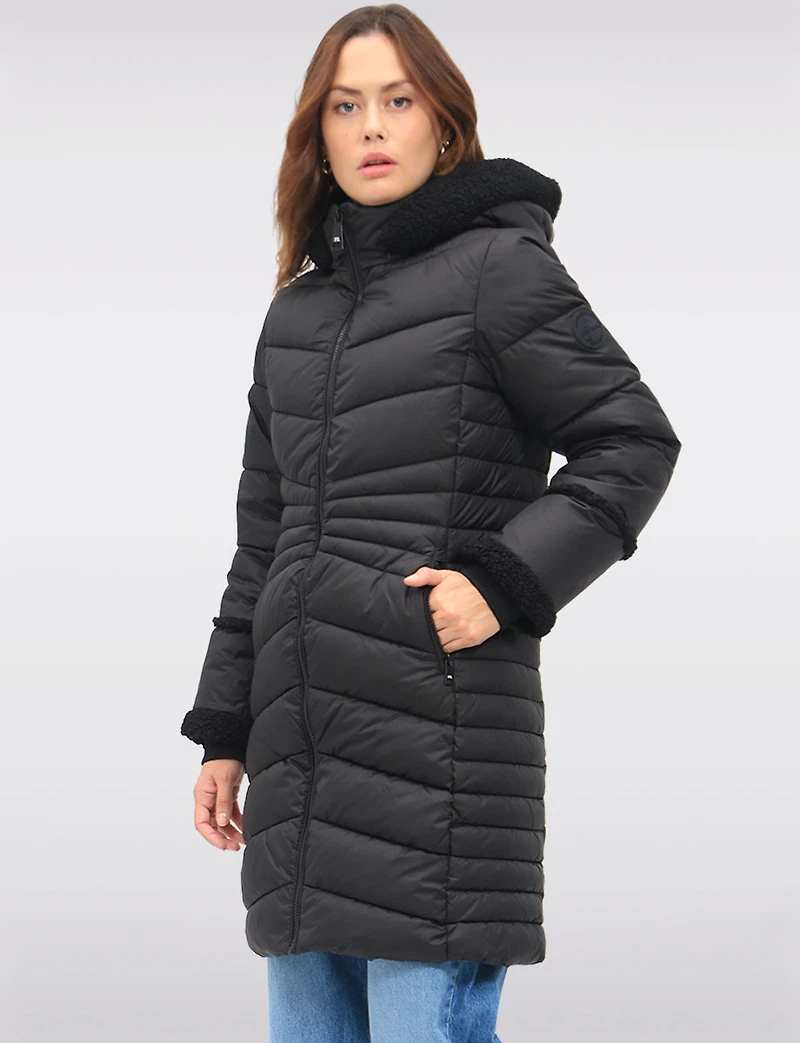 Long Vegan Quilted Puffer with Sherpa Accents and Removable Hood by Point Zero