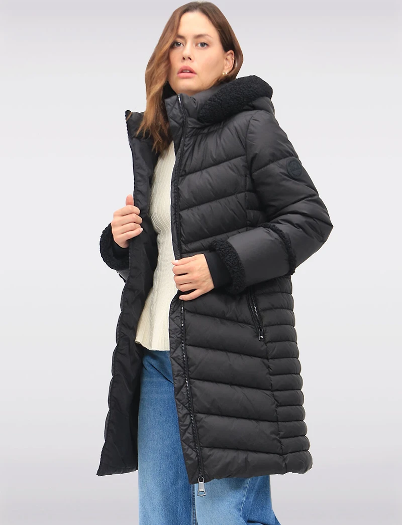 Long Vegan Quilted Puffer with Sherpa Accents and Removable Hood by Point Zero