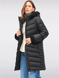 Long Vegan Quilted Puffer with Sherpa Accents and Removable Hood by Point Zero