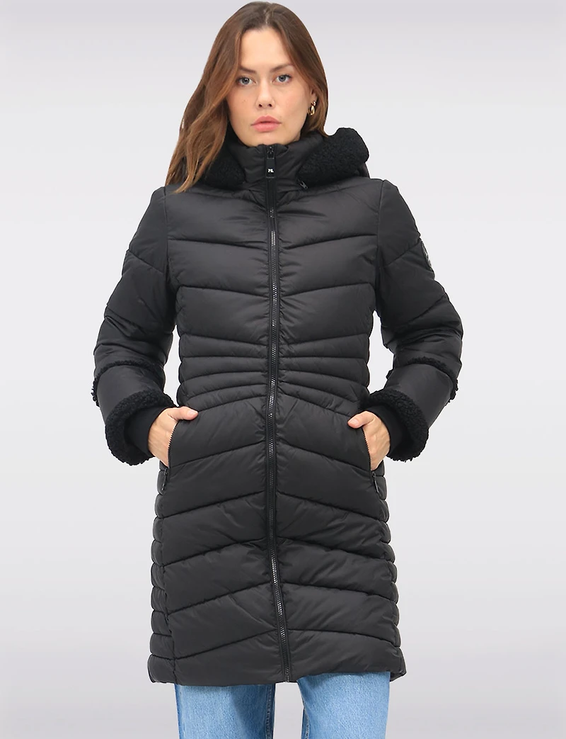 Long Vegan Quilted Puffer with Sherpa Accents and Removable Hood by Point Zero