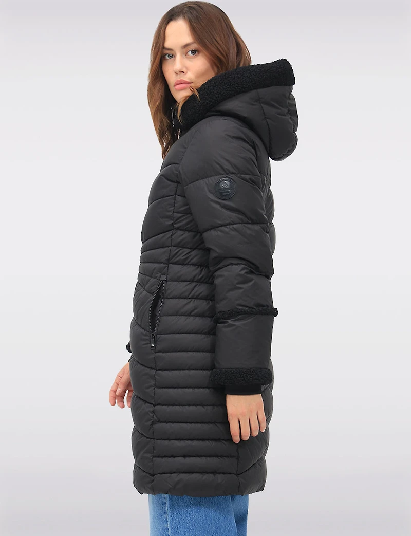 Long Vegan Quilted Puffer with Sherpa Accents and Removable Hood by Point Zero