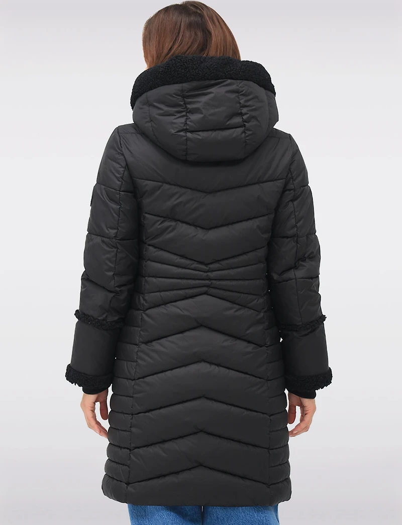 Long Vegan Quilted Puffer with Sherpa Accents and Removable Hood by Point Zero