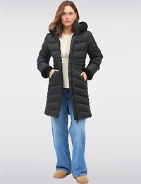 Long Vegan Quilted Puffer with Sherpa Accents and Removable Hood by Point Zero