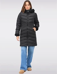 Long Vegan Quilted Puffer with Sherpa Accents and Removable Hood by Point Zero