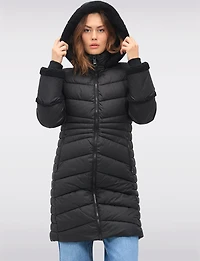 Long Vegan Quilted Puffer with Sherpa Accents and Removable Hood by Point Zero