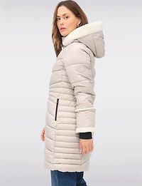 Long Vegan Quilted Puffer with Sherpa Accents and Removable Hood by Point Zero