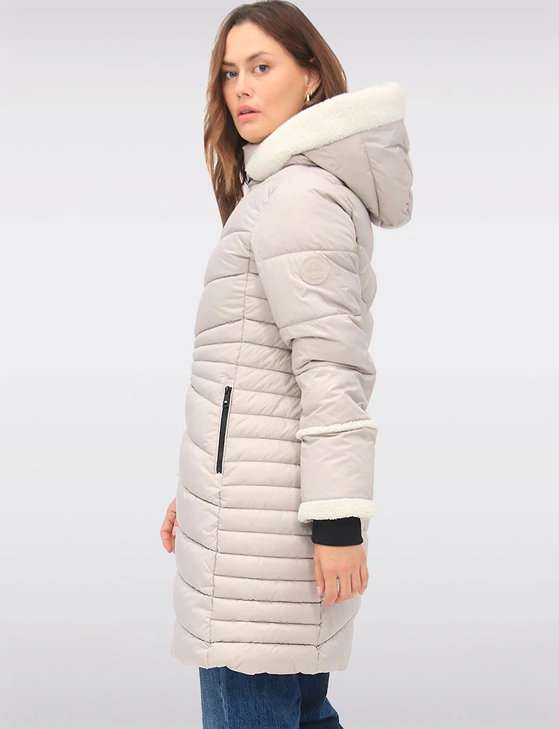 Long Vegan Quilted Puffer with Sherpa Accents and Removable Hood by Point Zero