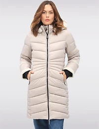 Long Vegan Quilted Puffer with Sherpa Accents and Removable Hood by Point Zero