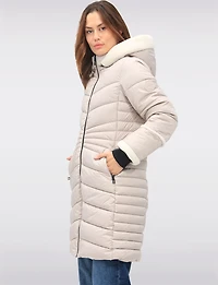 Long Vegan Quilted Puffer with Sherpa Accents and Removable Hood by Point Zero