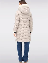 Long Vegan Quilted Puffer with Sherpa Accents and Removable Hood by Point Zero