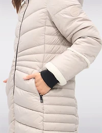 Long Vegan Quilted Puffer with Sherpa Accents and Removable Hood by Point Zero