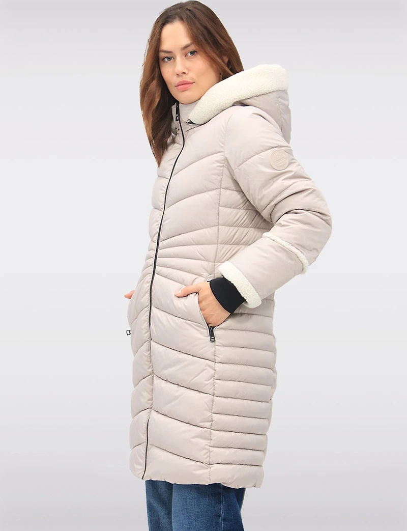 Long Vegan Quilted Puffer with Sherpa Accents and Removable Hood by Point Zero