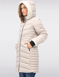 Long Vegan Quilted Puffer with Sherpa Accents and Removable Hood by Point Zero