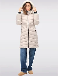 Long Vegan Quilted Puffer with Sherpa Accents and Removable Hood by Point Zero