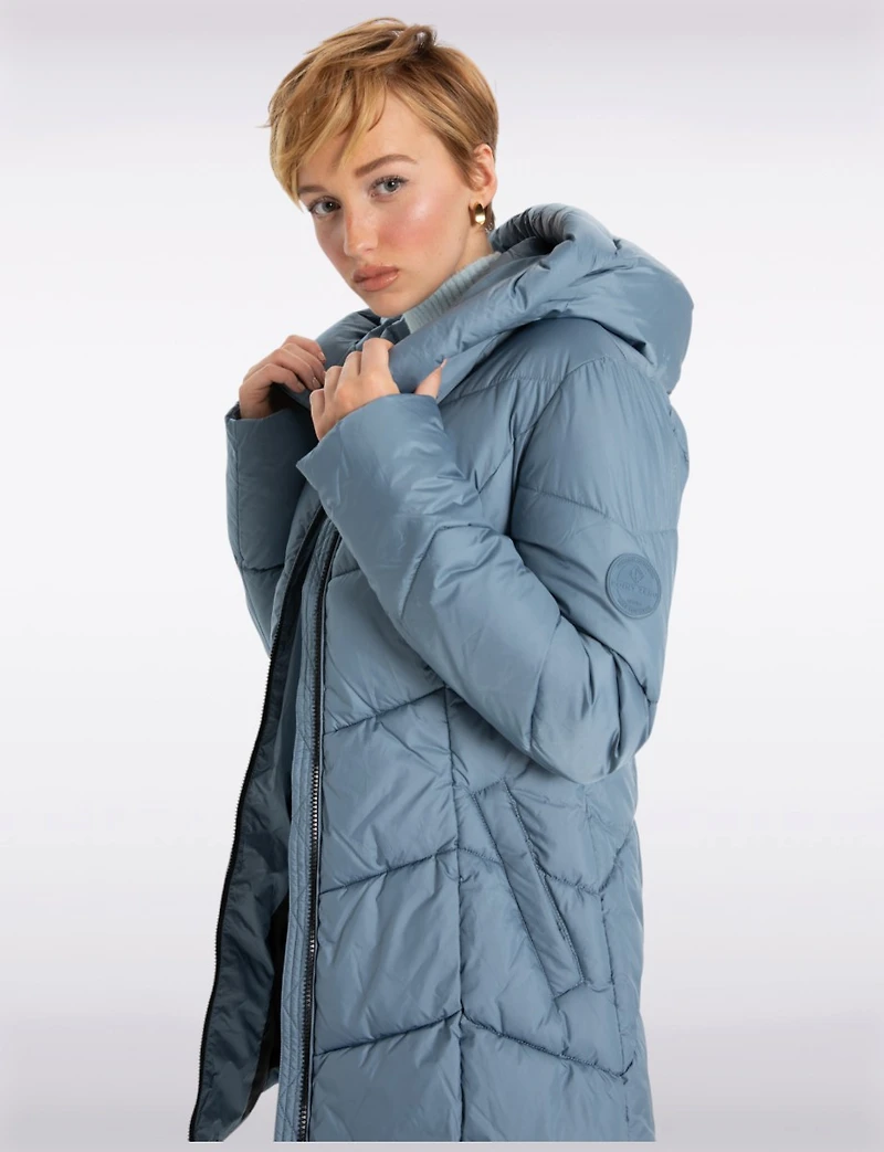 Classic Vegan Herringbone High-Collar Pillow-Neck Puffer Jacket by Point Zero