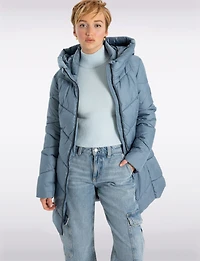 Classic Vegan Herringbone High-Collar Pillow-Neck Puffer Jacket by Point Zero