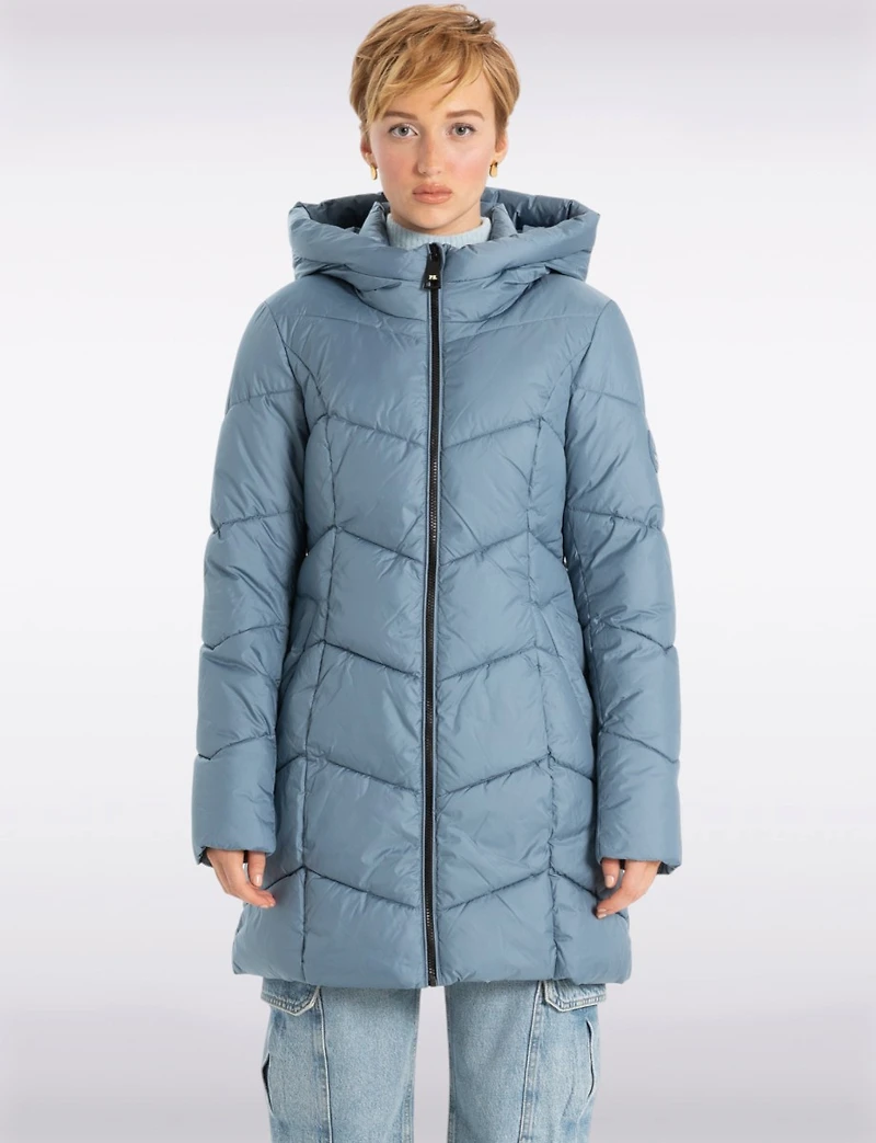 Classic Vegan Herringbone High-Collar Pillow-Neck Puffer Jacket by Point Zero