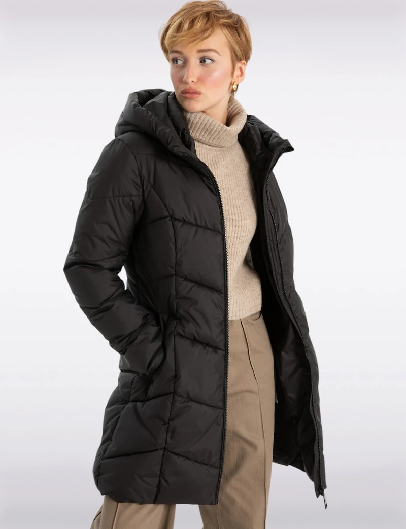 Classic Vegan Herringbone High-Collar Pillow-Neck Puffer Jacket by Point Zero