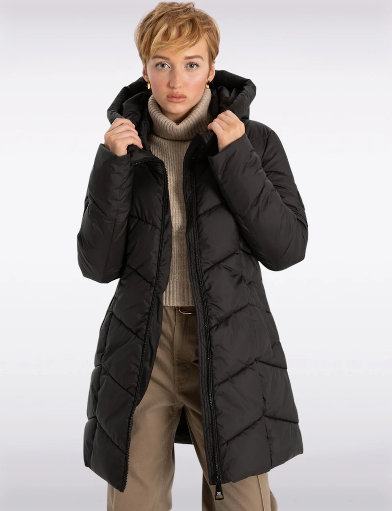 Classic Vegan Herringbone High-Collar Pillow-Neck Puffer Jacket by Point Zero