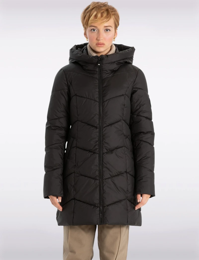 Classic Vegan Herringbone High-Collar Pillow-Neck Puffer Jacket by Point Zero
